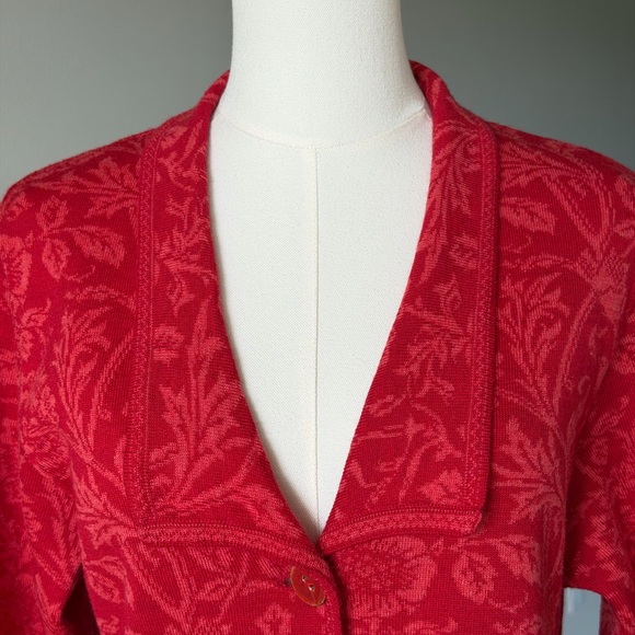 TINDE Extrafine Merino Wool Chic Red Floral Jacquard Pattern Cardigan Jacket -M - Picture 3 of 16